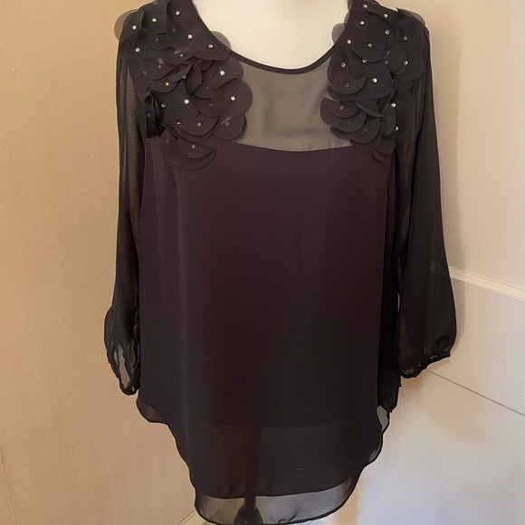 ECI Tops - ECI NY black polyester tunic with rhinestone flower embellishments